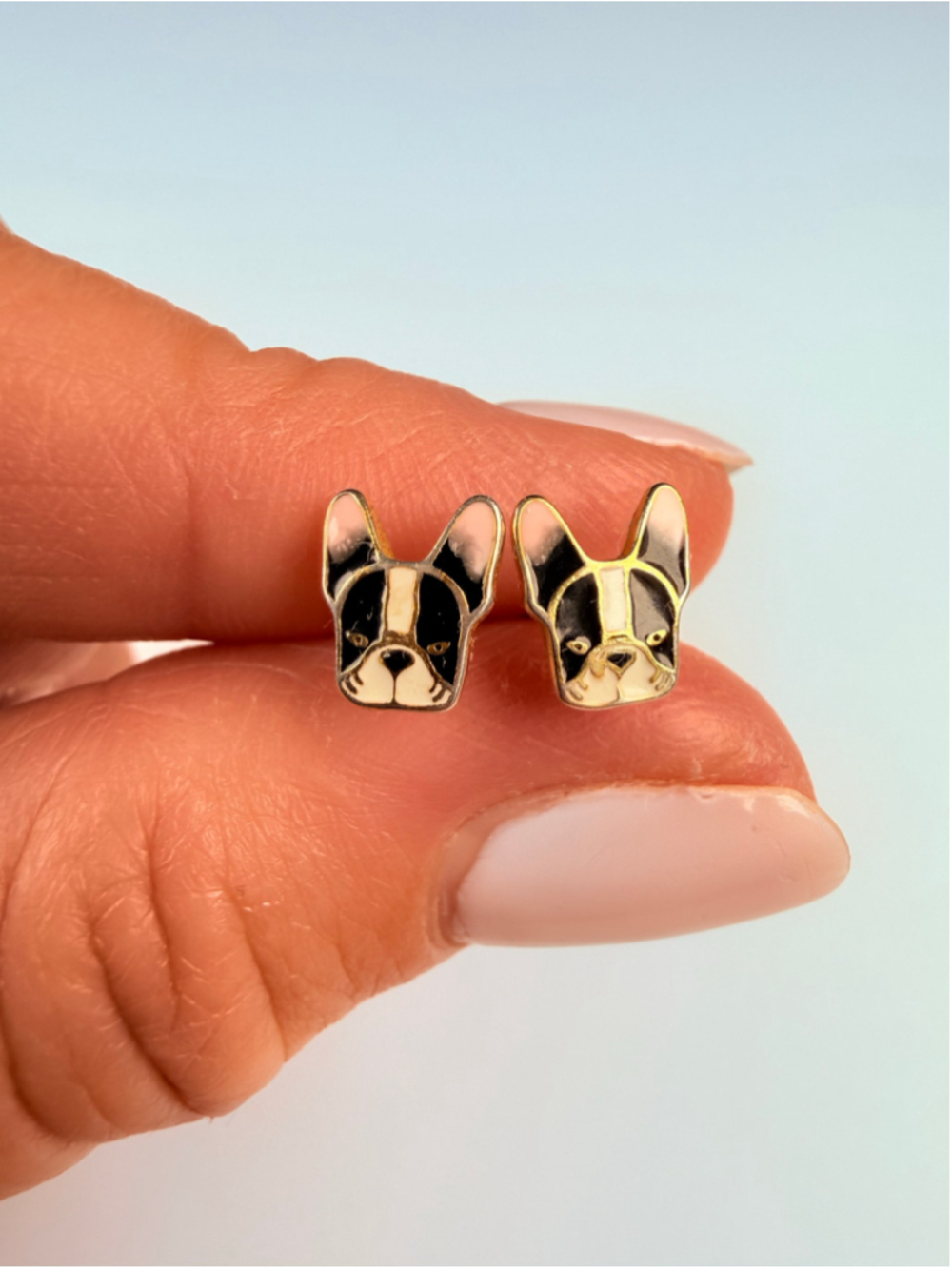 French Bulldog Enamel & Gold Vermeil 925 Sterling Silver Stud Earrings - Picture 2 of 8